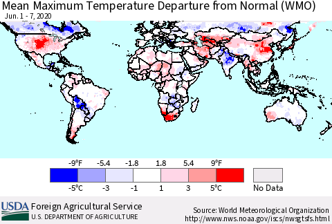 World Mean Maximum Temperature Departure from Normal (WMO) Thematic Map For 6/1/2020 - 6/7/2020