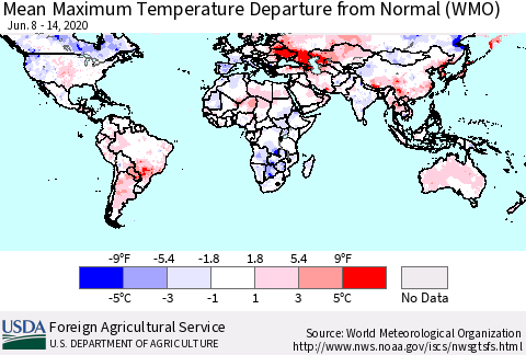 World Mean Maximum Temperature Departure from Normal (WMO) Thematic Map For 6/8/2020 - 6/14/2020