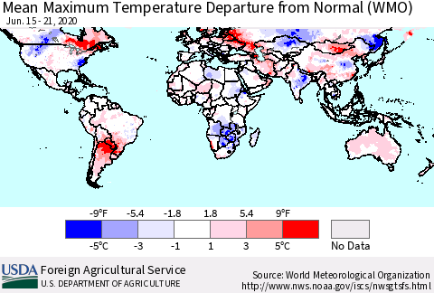 World Mean Maximum Temperature Departure from Normal (WMO) Thematic Map For 6/15/2020 - 6/21/2020