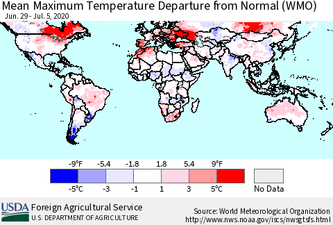 World Mean Maximum Temperature Departure from Normal (WMO) Thematic Map For 6/29/2020 - 7/5/2020