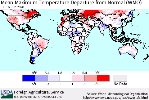 World Mean Maximum Temperature Departure from Normal (WMO) Thematic Map For 7/6/2020 - 7/12/2020