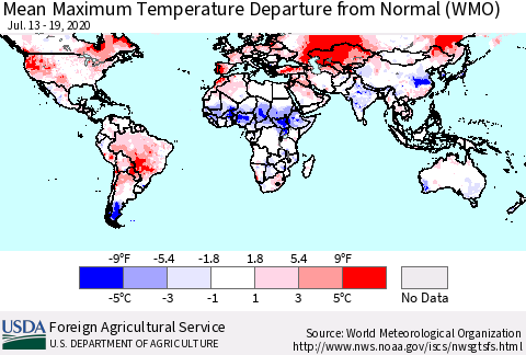 World Mean Maximum Temperature Departure from Normal (WMO) Thematic Map For 7/13/2020 - 7/19/2020