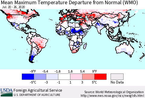 World Mean Maximum Temperature Departure from Normal (WMO) Thematic Map For 7/20/2020 - 7/26/2020