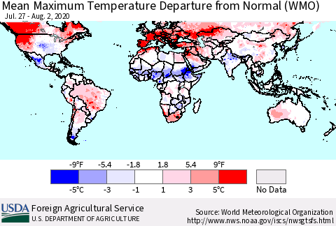 World Mean Maximum Temperature Departure from Normal (WMO) Thematic Map For 7/27/2020 - 8/2/2020