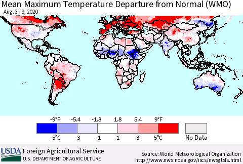World Mean Maximum Temperature Departure from Normal (WMO) Thematic Map For 8/3/2020 - 8/9/2020
