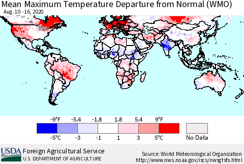 World Mean Maximum Temperature Departure from Normal (WMO) Thematic Map For 8/10/2020 - 8/16/2020