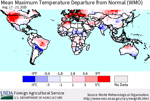 World Mean Maximum Temperature Departure from Normal (WMO) Thematic Map For 8/17/2020 - 8/23/2020