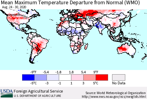 World Mean Maximum Temperature Departure from Normal (WMO) Thematic Map For 8/24/2020 - 8/30/2020