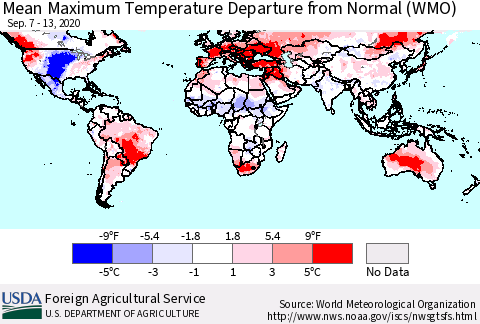 World Mean Maximum Temperature Departure from Normal (WMO) Thematic Map For 9/7/2020 - 9/13/2020