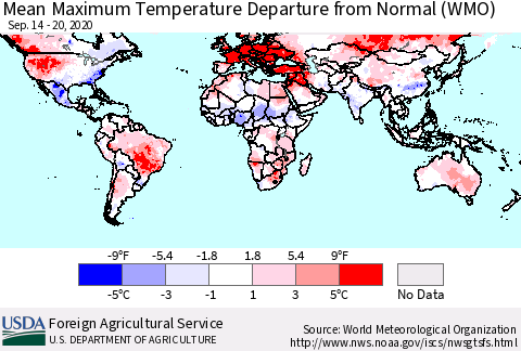 World Mean Maximum Temperature Departure from Normal (WMO) Thematic Map For 9/14/2020 - 9/20/2020