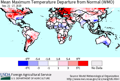 World Mean Maximum Temperature Departure from Normal (WMO) Thematic Map For 9/21/2020 - 9/27/2020