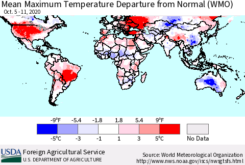 World Mean Maximum Temperature Departure from Normal (WMO) Thematic Map For 10/5/2020 - 10/11/2020