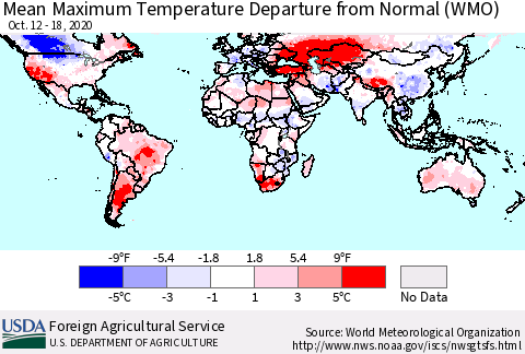 World Mean Maximum Temperature Departure from Normal (WMO) Thematic Map For 10/12/2020 - 10/18/2020