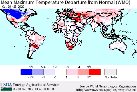 World Mean Maximum Temperature Departure from Normal (WMO) Thematic Map For 10/19/2020 - 10/25/2020