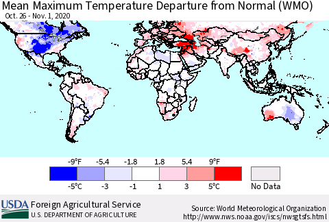 World Mean Maximum Temperature Departure from Normal (WMO) Thematic Map For 10/26/2020 - 11/1/2020