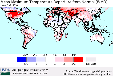 World Mean Maximum Temperature Departure from Normal (WMO) Thematic Map For 11/2/2020 - 11/8/2020