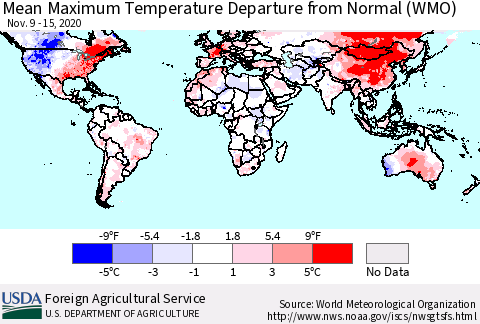 World Mean Maximum Temperature Departure from Normal (WMO) Thematic Map For 11/9/2020 - 11/15/2020