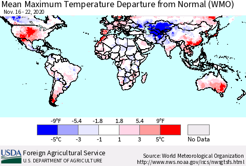 World Mean Maximum Temperature Departure from Normal (WMO) Thematic Map For 11/16/2020 - 11/22/2020