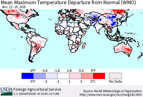 World Mean Maximum Temperature Departure from Normal (WMO) Thematic Map For 11/23/2020 - 11/29/2020