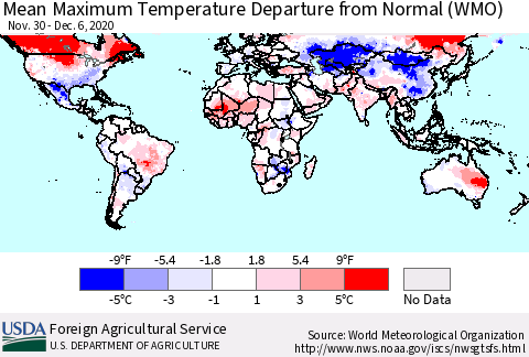 World Mean Maximum Temperature Departure from Normal (WMO) Thematic Map For 11/30/2020 - 12/6/2020