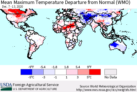World Mean Maximum Temperature Departure from Normal (WMO) Thematic Map For 12/7/2020 - 12/13/2020