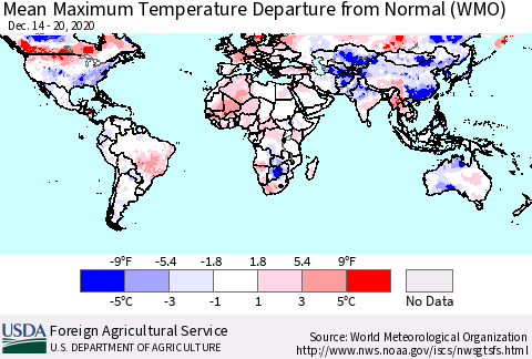 World Mean Maximum Temperature Departure from Normal (WMO) Thematic Map For 12/14/2020 - 12/20/2020