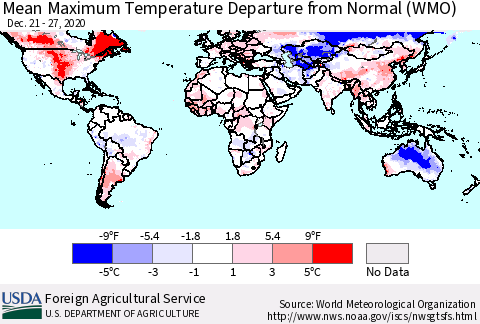 World Mean Maximum Temperature Departure from Normal (WMO) Thematic Map For 12/21/2020 - 12/27/2020