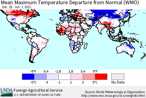 World Mean Maximum Temperature Departure from Normal (WMO) Thematic Map For 12/28/2020 - 1/3/2021
