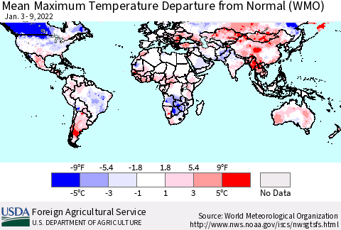 World Mean Maximum Temperature Departure from Normal (WMO) Thematic Map For 1/3/2022 - 1/9/2022