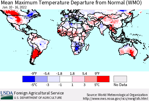 World Mean Maximum Temperature Departure from Normal (WMO) Thematic Map For 1/10/2022 - 1/16/2022