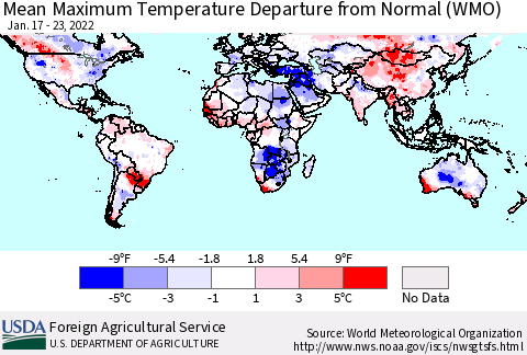 World Mean Maximum Temperature Departure from Normal (WMO) Thematic Map For 1/17/2022 - 1/23/2022