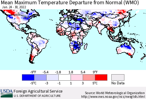 World Mean Maximum Temperature Departure from Normal (WMO) Thematic Map For 1/24/2022 - 1/30/2022