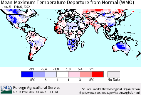World Mean Maximum Temperature Departure from Normal (WMO) Thematic Map For 1/31/2022 - 2/6/2022
