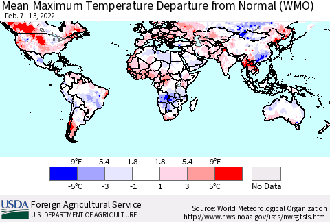 World Mean Maximum Temperature Departure from Normal (WMO) Thematic Map For 2/7/2022 - 2/13/2022