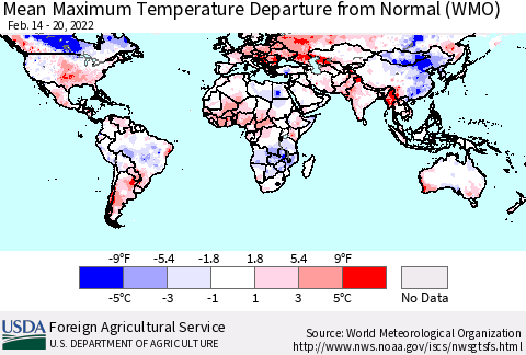 World Mean Maximum Temperature Departure from Normal (WMO) Thematic Map For 2/14/2022 - 2/20/2022