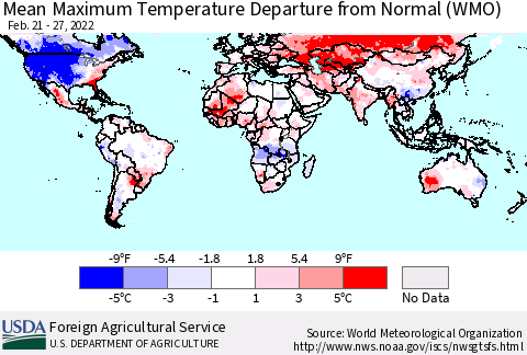 World Mean Maximum Temperature Departure from Normal (WMO) Thematic Map For 2/21/2022 - 2/27/2022