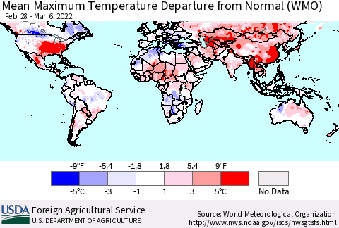 World Mean Maximum Temperature Departure from Normal (WMO) Thematic Map For 2/28/2022 - 3/6/2022