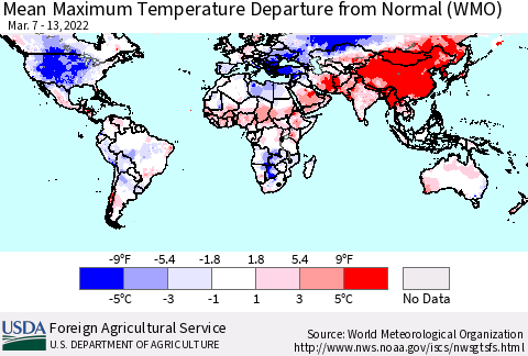 World Mean Maximum Temperature Departure from Normal (WMO) Thematic Map For 3/7/2022 - 3/13/2022