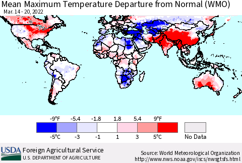World Mean Maximum Temperature Departure from Normal (WMO) Thematic Map For 3/14/2022 - 3/20/2022