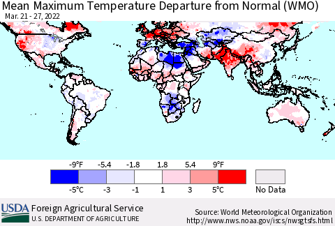 World Mean Maximum Temperature Departure from Normal (WMO) Thematic Map For 3/21/2022 - 3/27/2022