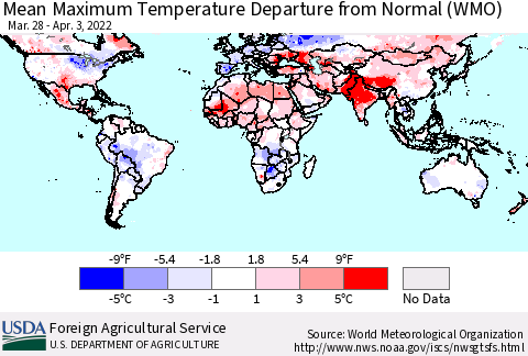 World Mean Maximum Temperature Departure from Normal (WMO) Thematic Map For 3/28/2022 - 4/3/2022