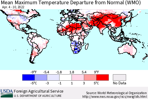 World Mean Maximum Temperature Departure from Normal (WMO) Thematic Map For 4/4/2022 - 4/10/2022