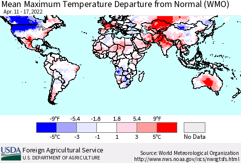 World Mean Maximum Temperature Departure from Normal (WMO) Thematic Map For 4/11/2022 - 4/17/2022