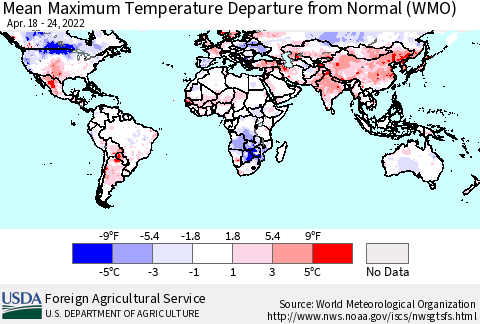 World Mean Maximum Temperature Departure from Normal (WMO) Thematic Map For 4/18/2022 - 4/24/2022