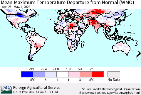 World Mean Maximum Temperature Departure from Normal (WMO) Thematic Map For 4/25/2022 - 5/1/2022