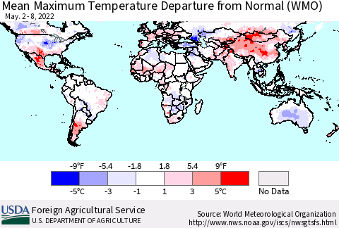 World Mean Maximum Temperature Departure from Normal (WMO) Thematic Map For 5/2/2022 - 5/8/2022