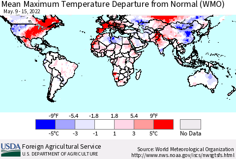 World Mean Maximum Temperature Departure from Normal (WMO) Thematic Map For 5/9/2022 - 5/15/2022
