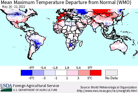 World Mean Maximum Temperature Departure from Normal (WMO) Thematic Map For 5/16/2022 - 5/22/2022