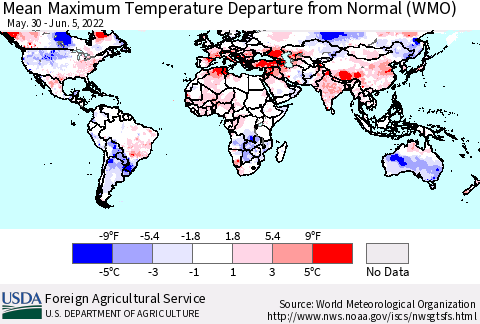 World Mean Maximum Temperature Departure from Normal (WMO) Thematic Map For 5/30/2022 - 6/5/2022
