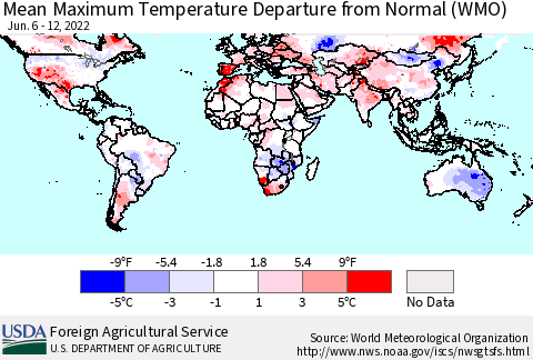 World Mean Maximum Temperature Departure from Normal (WMO) Thematic Map For 6/6/2022 - 6/12/2022